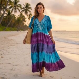 Maggie Barnes Tie Dye Maxi Dress Womens 3X Blue Purple Sequin Embroidered Cotton